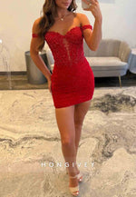 Off the Shoulder Sheath Beaded Lace Mini Homecoming Dresses with Sheer Corset Bodice