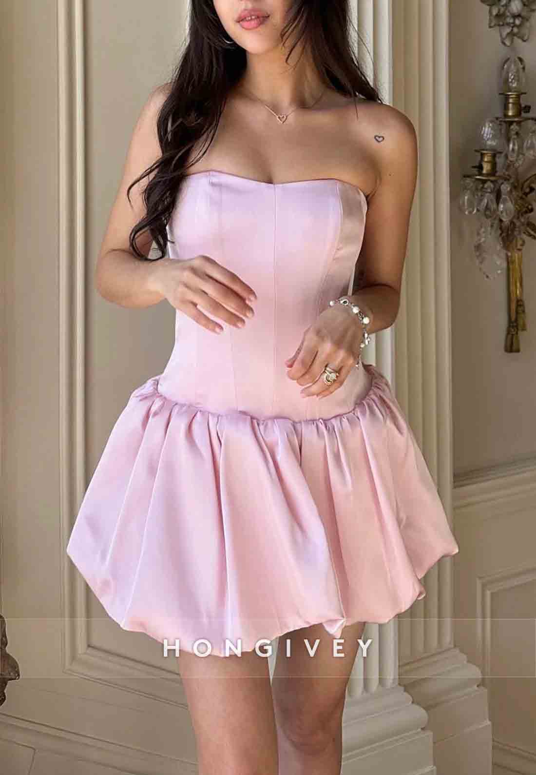 Pink Tie Back Strapless A-Line Sleeveless Pleated Homecoming Dresses