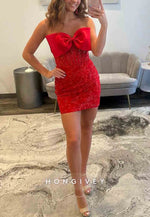 Lace Blush Pink Strapless Mini Homecoming Dress with Satin Bowknot and Corset Bodice