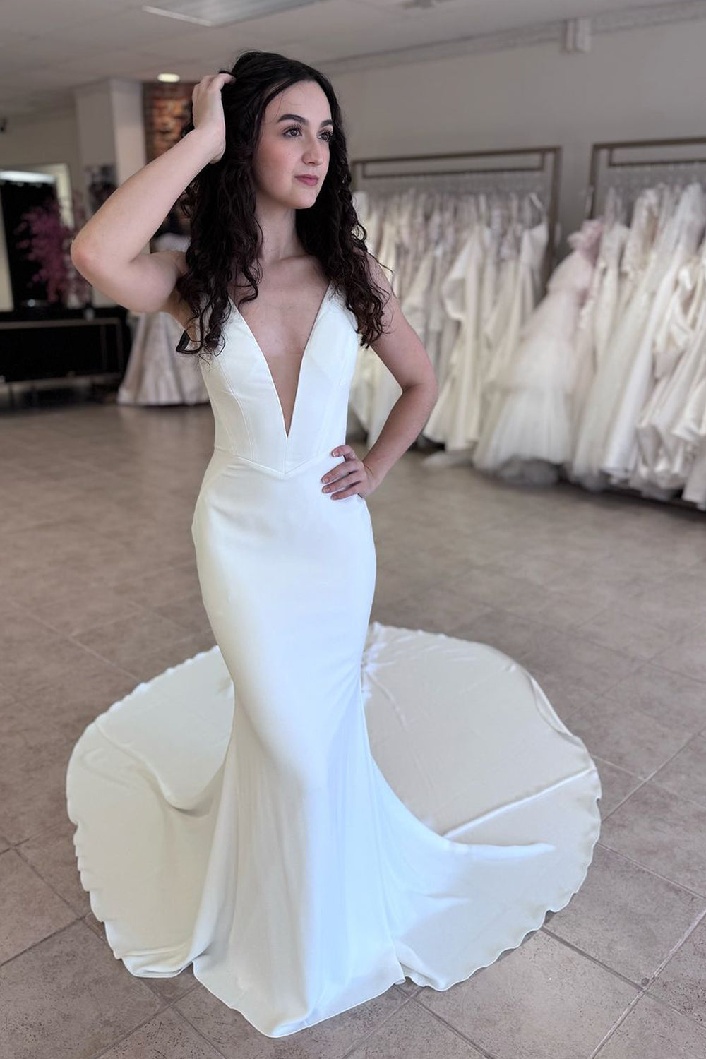 Mermaid Deep V Neck Elastic Satin Long Wedding Dresses