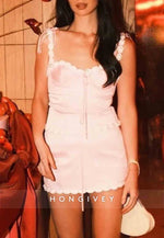 Cute Sheath Spaghetti Straps Pink Short Homecoming Dress with Appliques