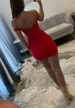 Off the Shoulder Sheath Beaded Lace Mini Homecoming Dresses with Sheer Corset Bodice