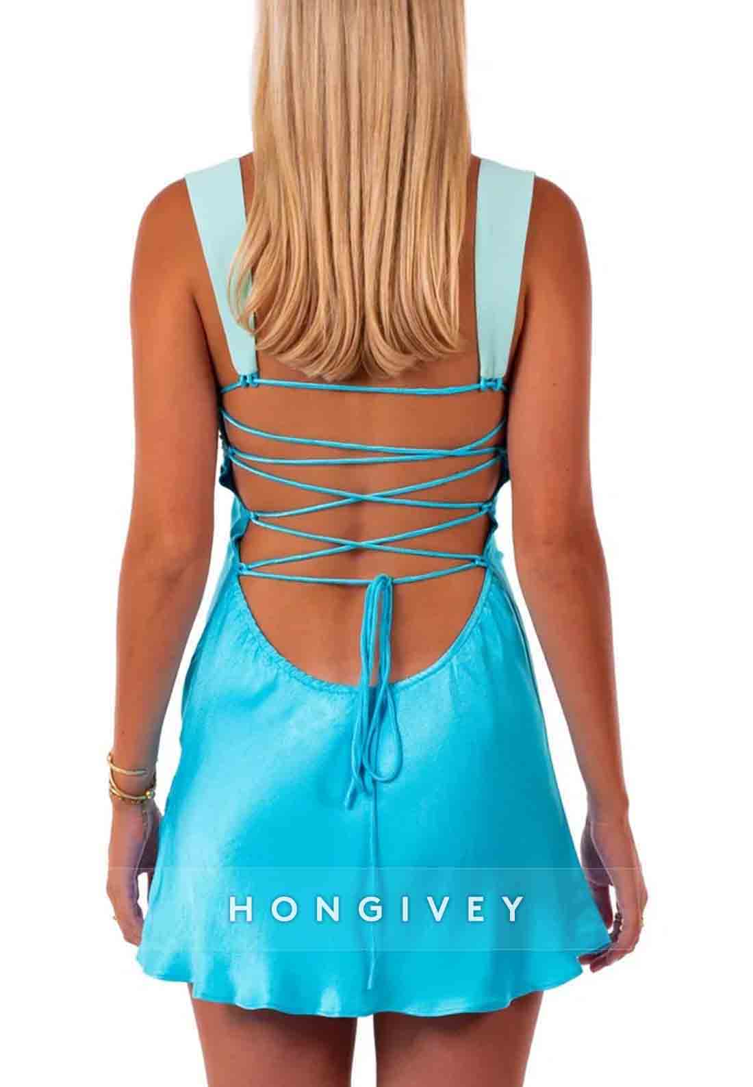 Tie Back Halter Sleeveless Satin Regular Straps Pleated Mini Homecoming Dresses