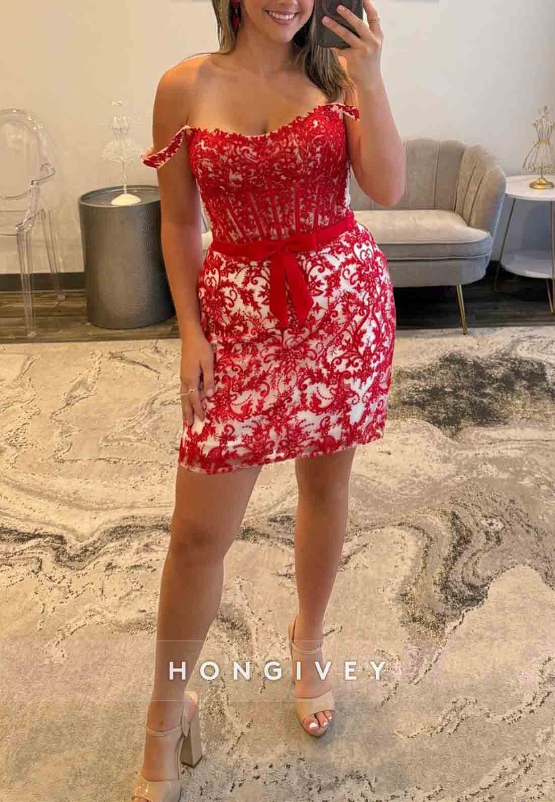 Sheath Off the Shoulder Lace Bodycon Homecoming Dress With Bowknot Waist