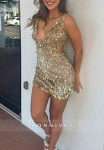 Regular Straps Low V-Neck Sheath Sleeveless Open Back Beading Min Homecoming Dresses