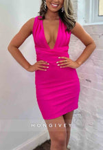 Low V-Neck Mini Sheath Tie Back Sleeveless Homecoming Dresses with Bowknot