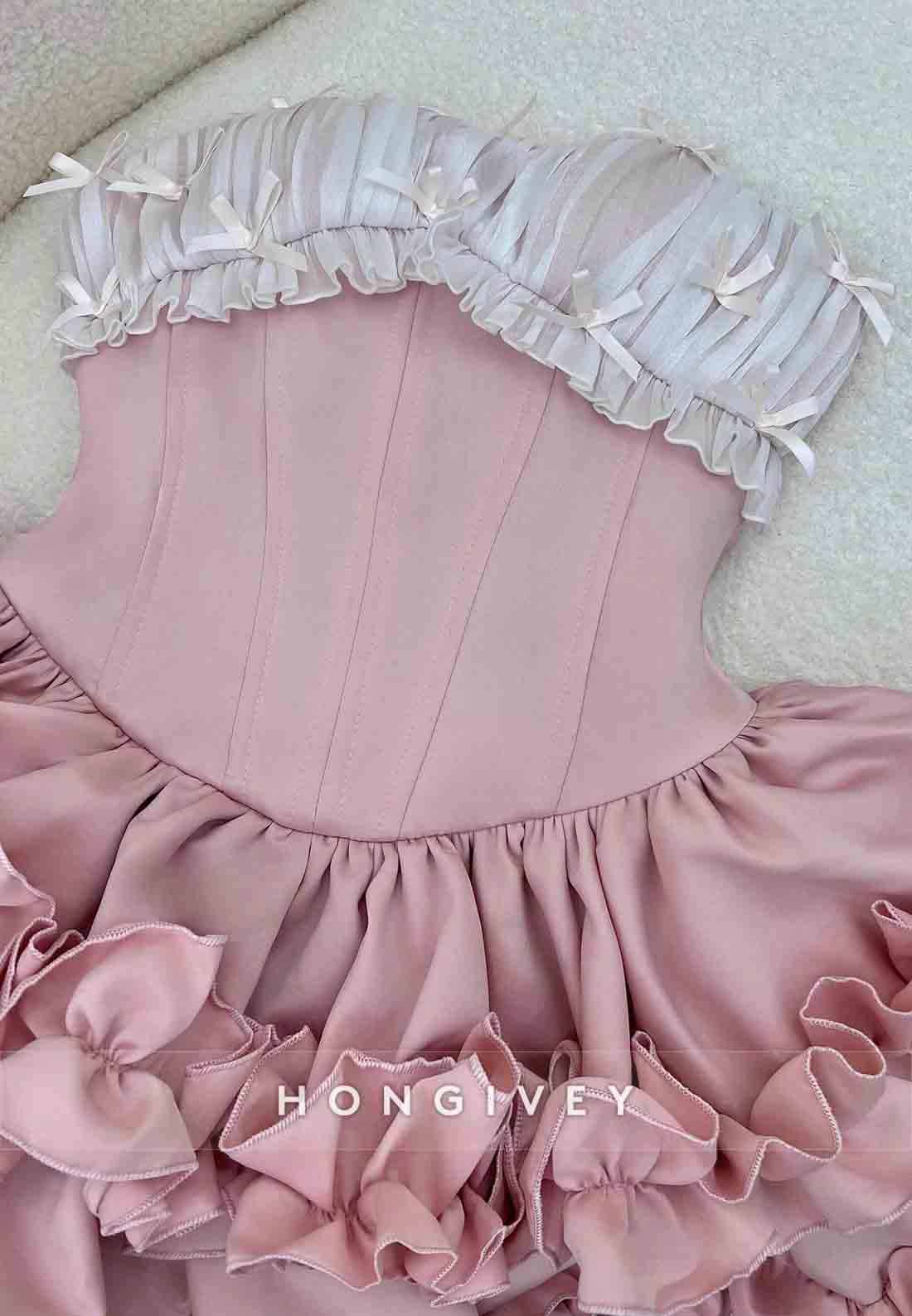 Chic Pink Strapless Ball Gown Short Homecoming Dresses with Ruched Bowknot