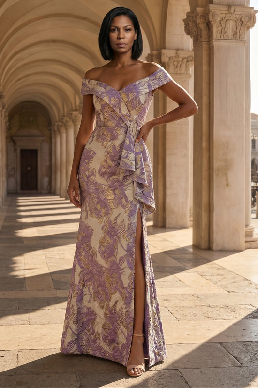 Off Shoulder Jacquard Satin Mother of the Bride Dresses with Split Side