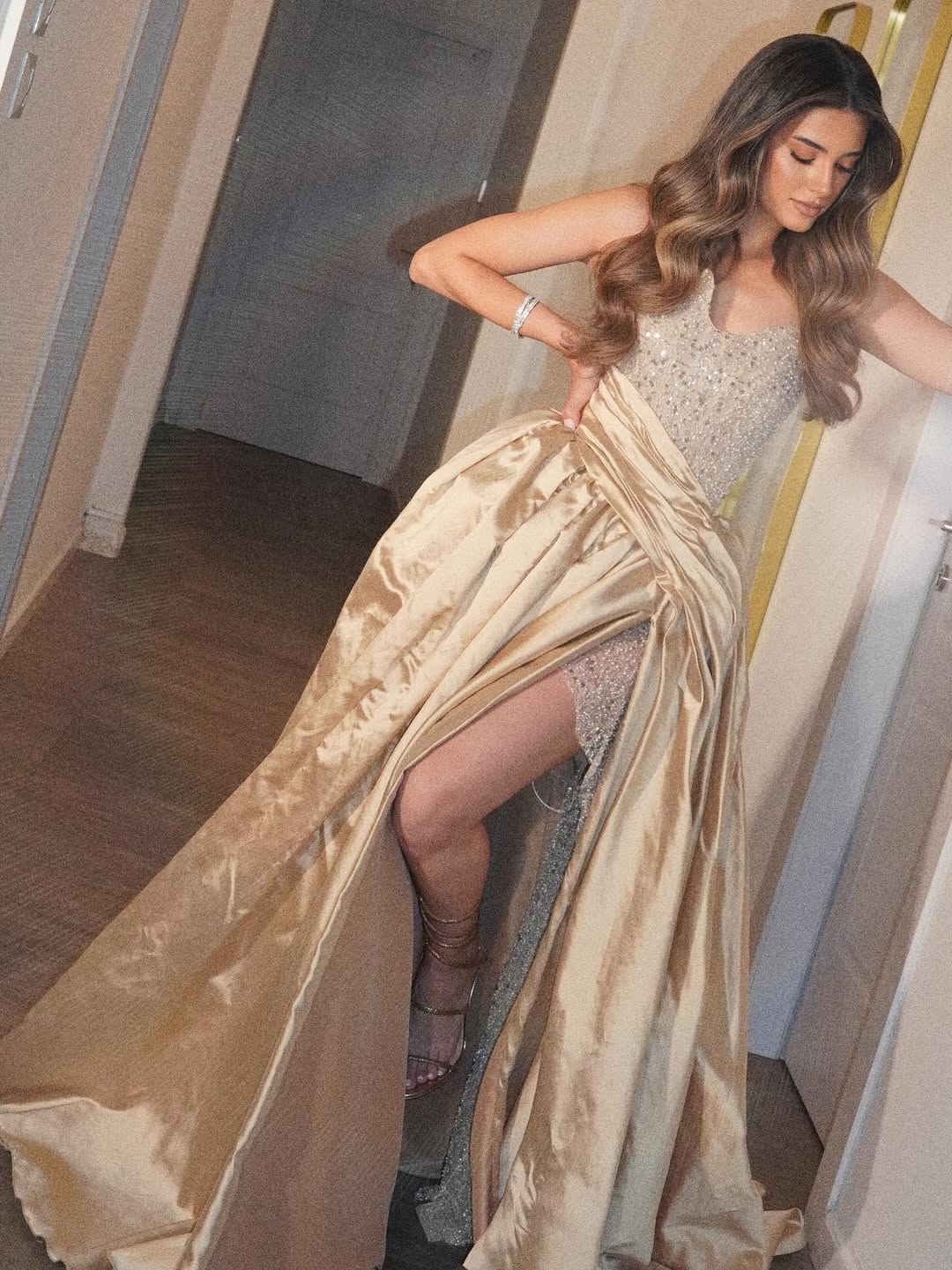 Satin Strapless Sleeveless Long A-Line Pleated Prom Dress With Sequins And Split