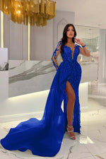 Shiny Blue Split Long Sleeves Mermaid Beaded Prom Dress Appliques Tulle