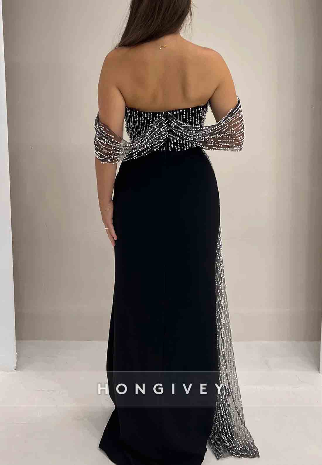 Off the Shoulder A-Line Floor-Length Black Evening Gowns with Tassel