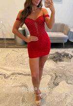 Off the Shoulder Sheath Beaded Lace Mini Homecoming Dresses with Sheer Corset Bodice