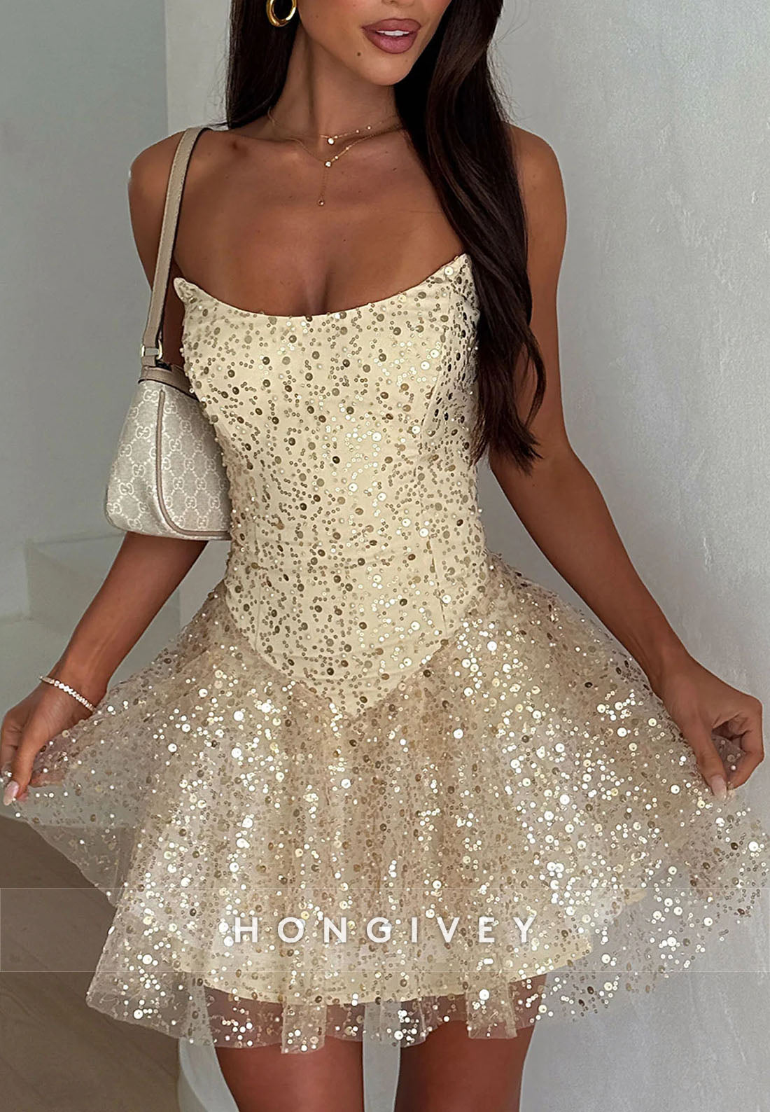 Gorgeous Goldrn Strapless A-Line Sequined Short Homecoming Dress