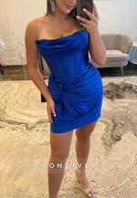 Satin Tie Back Strapless Homecoming Dress with Ruched Skirt and Corset Bodice