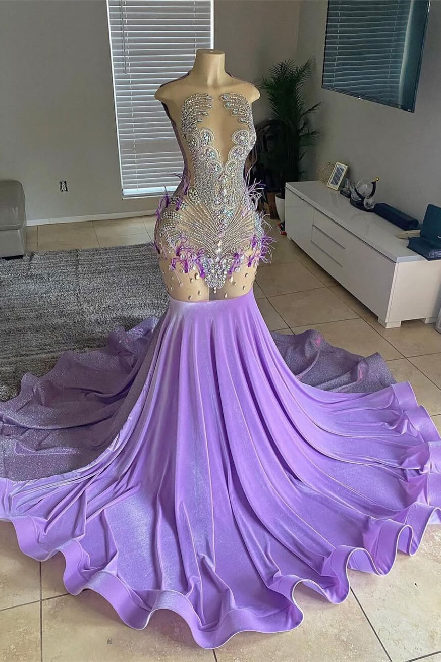 Lilac Sleeveless Scoop Mermaid Prom Dresses Long With Beadings Crystals Feathers