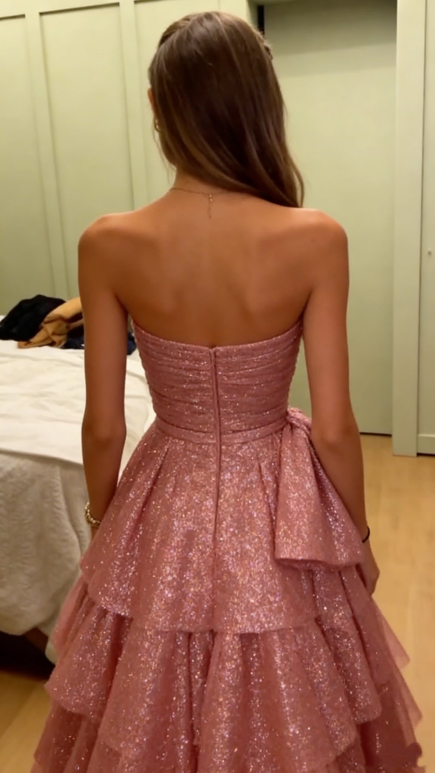 Strapless Blush Pink Ruched Tiered High-low Dress