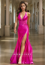 Casual Satin Trumpet V-Neck Halter With Side Slit Long Prom Dress