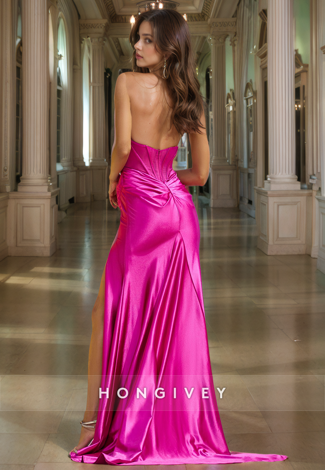 Casual Satin Trumpet V-Neck Halter With Side Slit Long Prom Dress