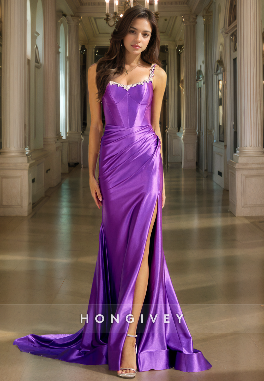 Chic Satin Trumpet Sweetheart Spaghetti Straps Beaded  Long Prom Dress