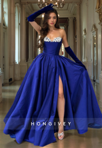 Satin A-Line Sweetheart Strapless Beaded With Side Slit Long Prom Dress