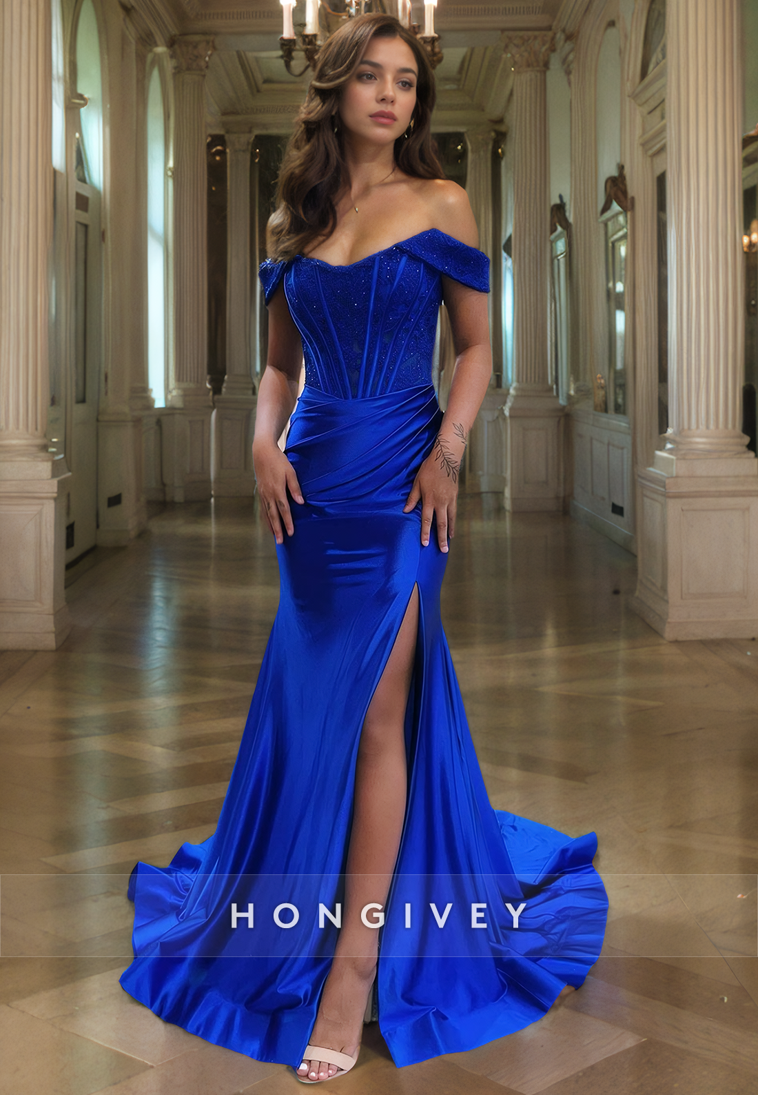 Chic Satin Trumpet Off-Shoulder Appliques With Side Slit Long Prom Dress