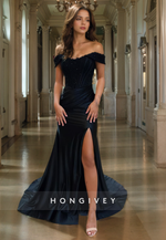 Chic Satin Trumpet Off-Shoulder Appliques With Side Slit Long Prom Dress