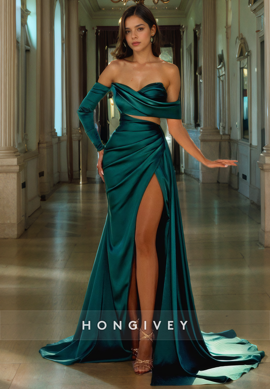 Satin A-Line One Shoulder Long Sleeve With Side Slit Long Prom Dress