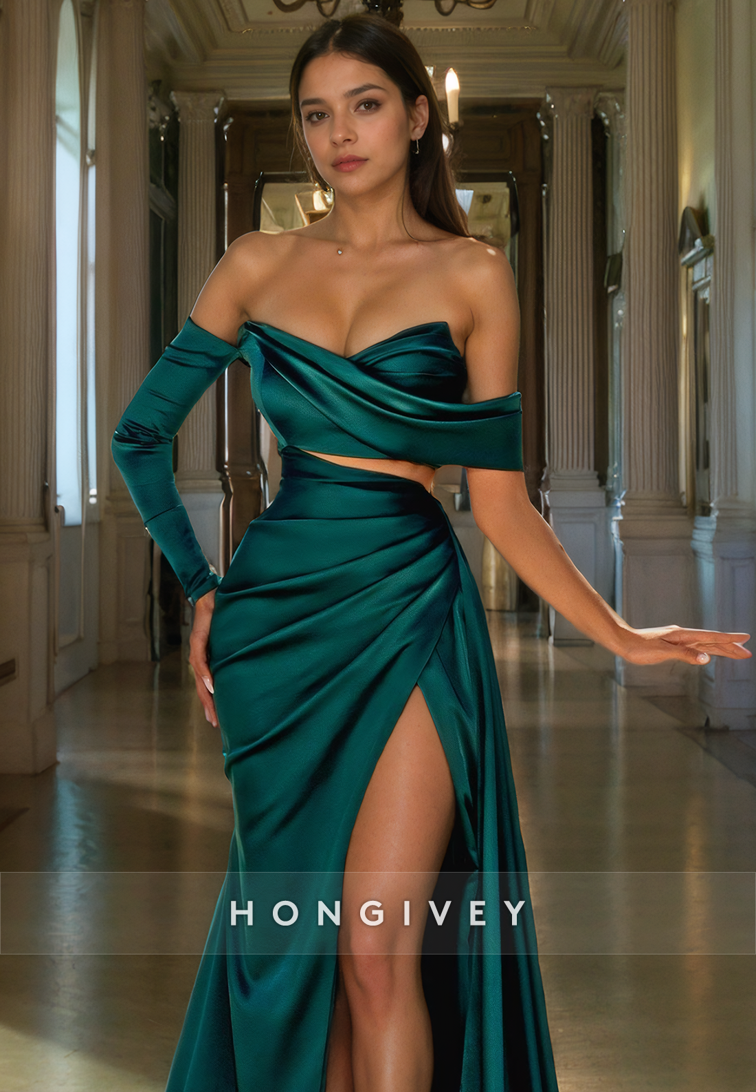 Satin A-Line One Shoulder Long Sleeve With Side Slit Long Prom Dress