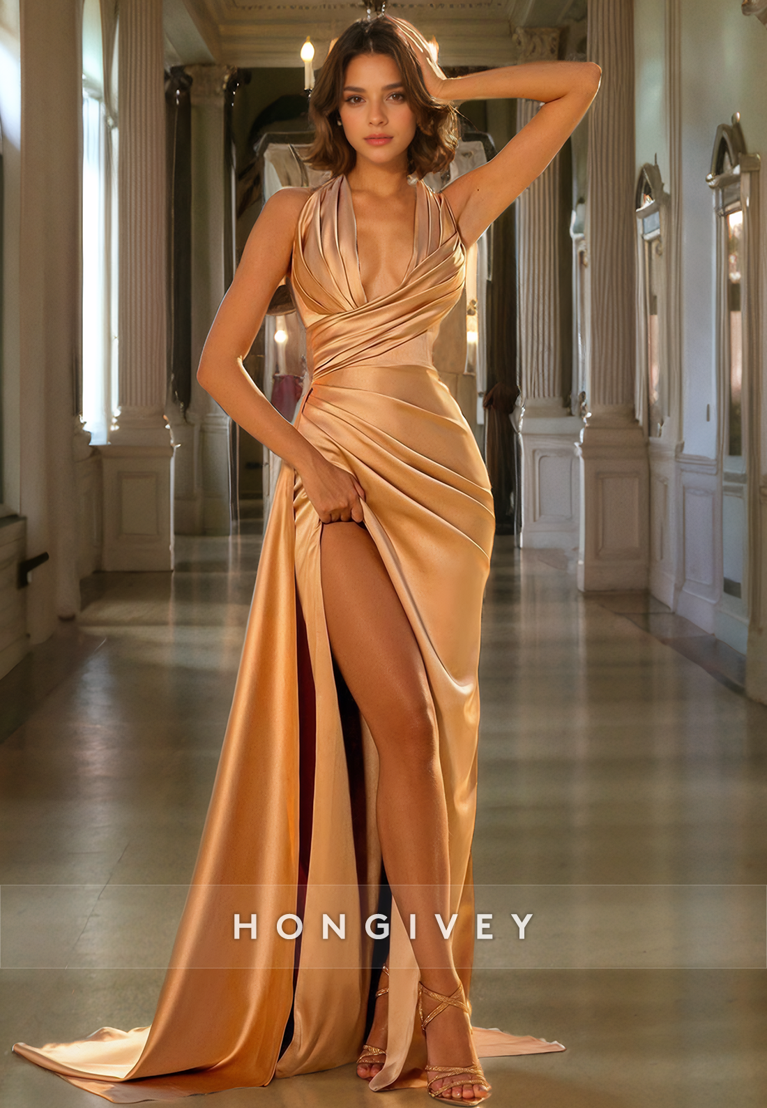 L0929 - Sexy Gold V-Neck Halter With Train And High Slit Evening Party Prom Dress