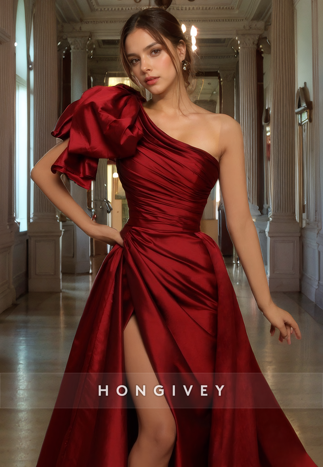 Sexy Satin A-Line One Shoulder Sleeveless With Overskirt Long Prom Dress