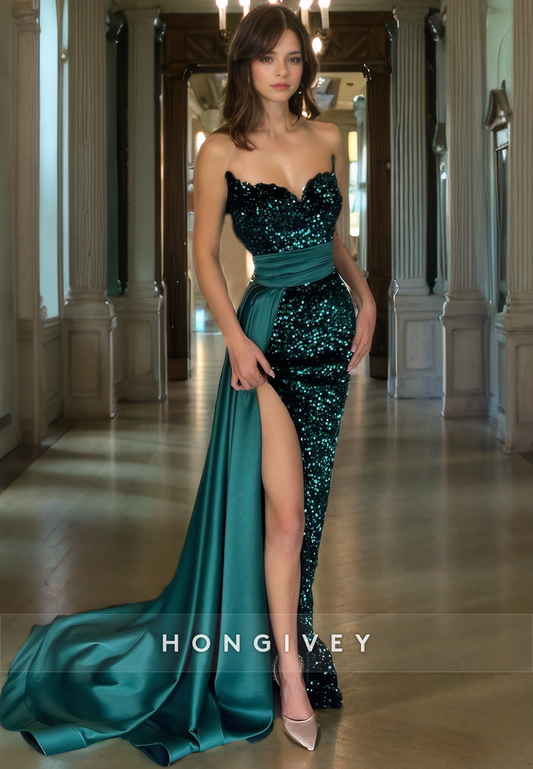 L0943 - Sequins Stain Paneled Sparkly High Slit With Train Party Evening  Prom Dress