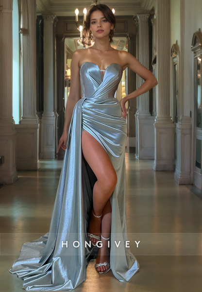 Satin Sweetheart Strapless With Side Slit Long Prom Dress