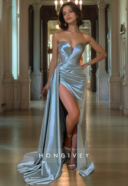 Satin Sweetheart Strapless With Side Slit Long Prom Dress