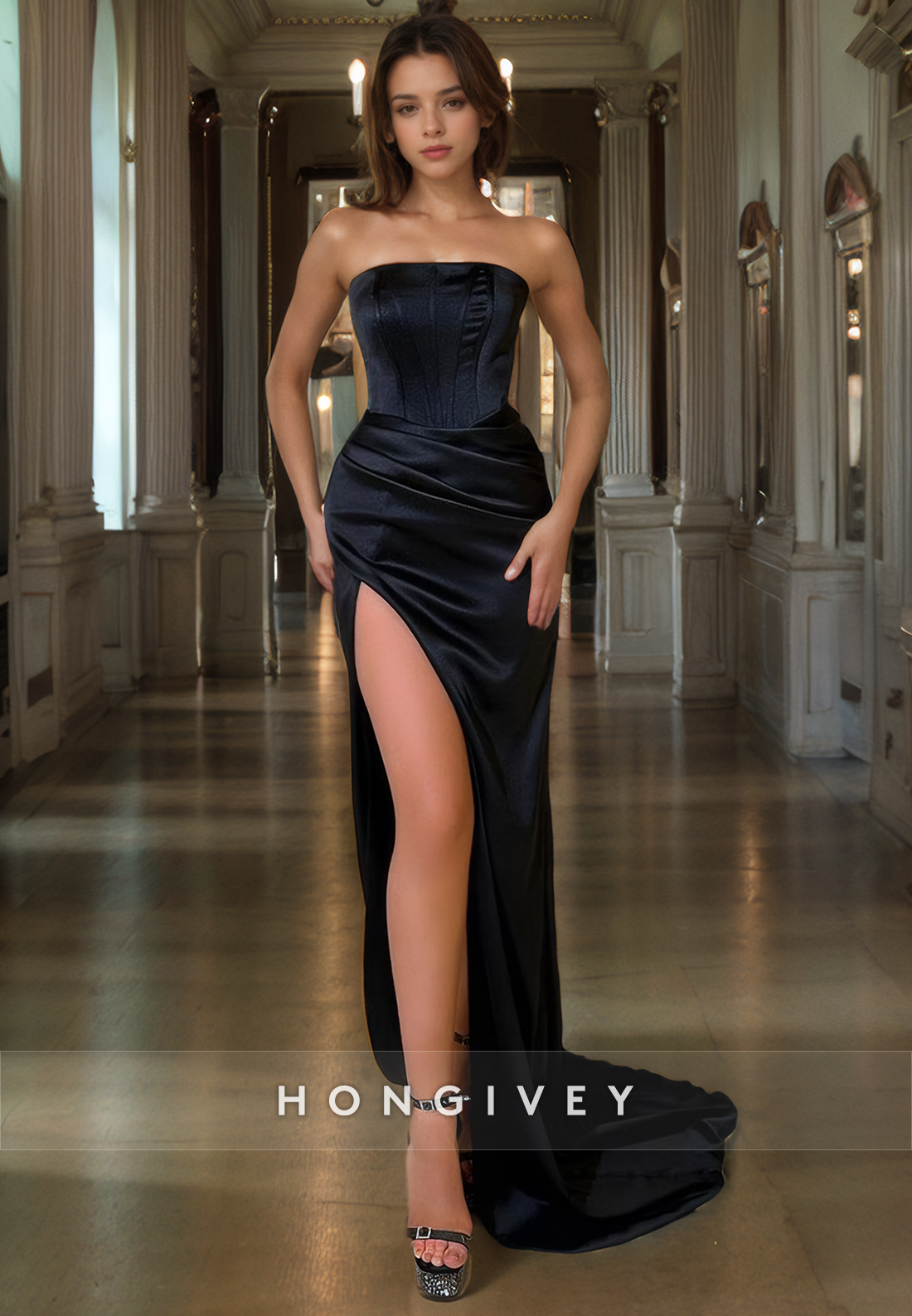 Simple Satin Fitted Strapless Sleeveless With Side Slit Long Prom Dress