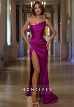 L0953 - Simple Strapless Asymmetrical  High Slit With Train  Evening Party Prom Dress