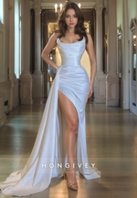 Simple Satin Fitted Bateau Strapless With Side Slit Long Prom Dress