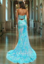 L1182 - Fully Sequined Lace Embroidered Plunging Illusion With Train And Slit Evening Party Prom Formal Dress