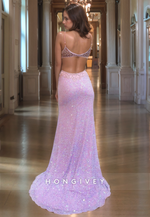 L1194 - Fully Sequined Beaded Embellished With Train And Slit Formal Party Prom Evening Dress