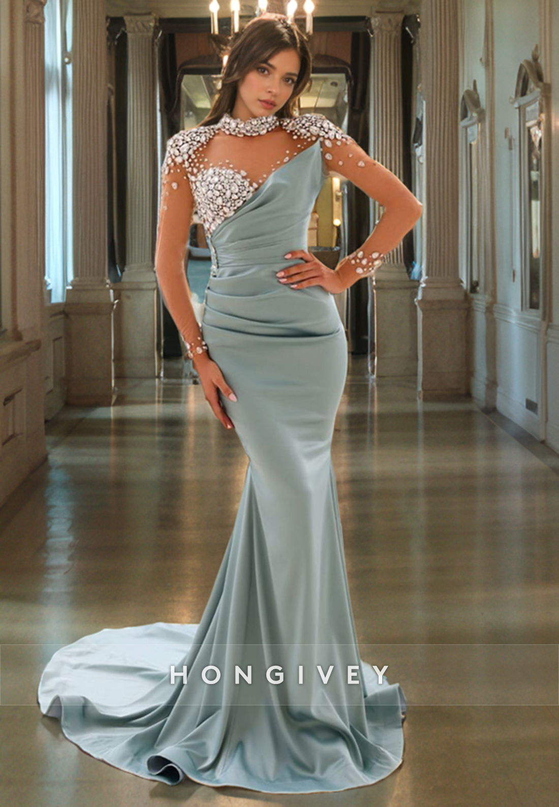 L1757 - Sexy Satin Fitted Glitter High Neck Illusion Beaded Long Sleeve Ruched Party Prom Evening Dress