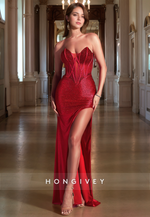 L1372 - Sexy Fitted Fully Beaded Bateau Strapless With Side Slit Floor-Length Party Prom Evening Dress