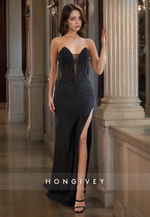 L1372 - Sexy Fitted Fully Beaded Bateau Strapless With Side Slit Floor-Length Party Prom Evening Dress