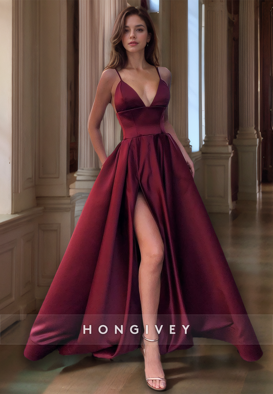 L1478 - Sexy Satin A-Line Plunging  V-Neck Spaghetti Straps Empire With Side Slit Party Prom Evening Dress