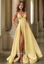 L1478 - Sexy Satin A-Line Plunging  V-Neck Spaghetti Straps Empire With Side Slit Party Prom Evening Dress