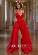 L1478 - Sexy Satin A-Line Plunging  V-Neck Spaghetti Straps Empire With Side Slit Party Prom Evening Dress