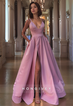 L1478 - Sexy Satin A-Line Plunging  V-Neck Spaghetti Straps Empire With Side Slit Party Prom Evening Dress