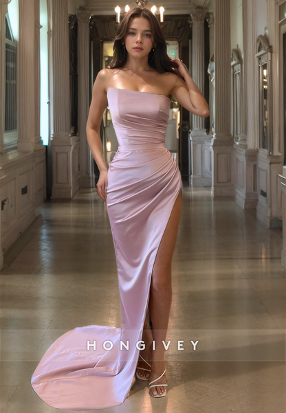 Sexy Satin Asymmetrical Strapless Empire Ruched With Side Slit Train Party Prom Evening Dress