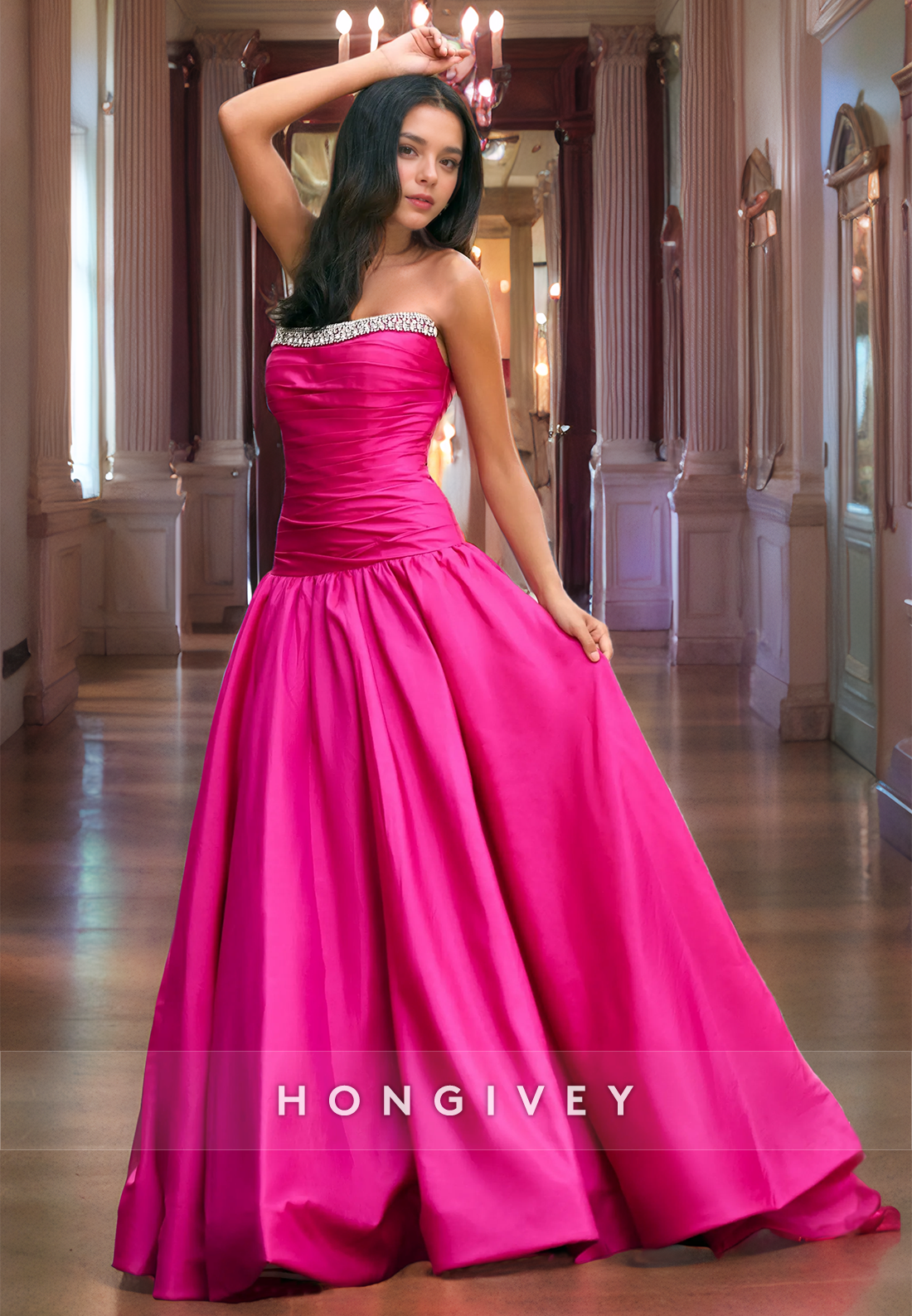 Chic Satin A-Line Strapless Sleeveless With Train Party Prom Evening Dress