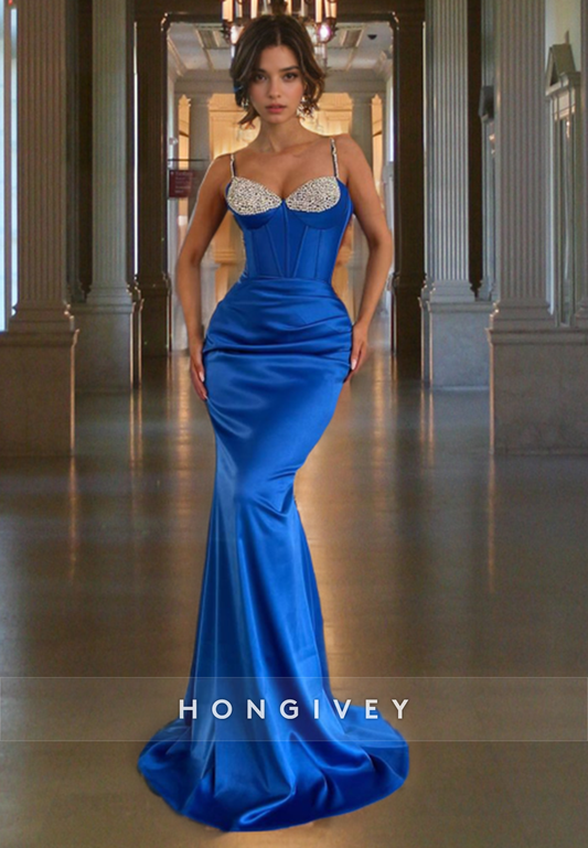 Sexy Satin Fitted Sweetheart Spaghetti Straps Empire BeadedBeaded Party Prom Evening Dress