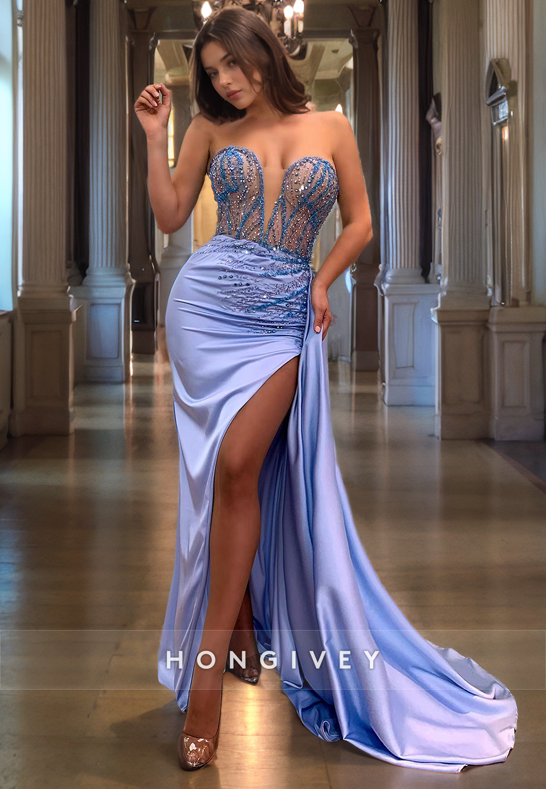 Trumpet/Mermaid  Low-V-Neck Pleated Satin Prom Dress with High Slit and Beaded Top