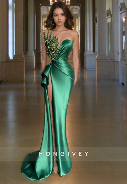 Trumpet/Mermaid Low-V-Neck Beaded Satin Prom Dress with High Slit